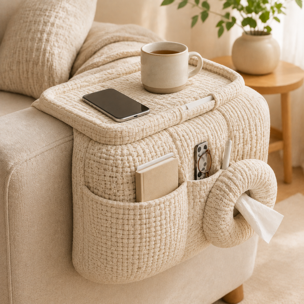 Kavorli™ HavenCaddy Sofa-Side Organizer – Textured Armrest Storage Caddy with Serving Tray, Multi-Pockets & Tissue Holder