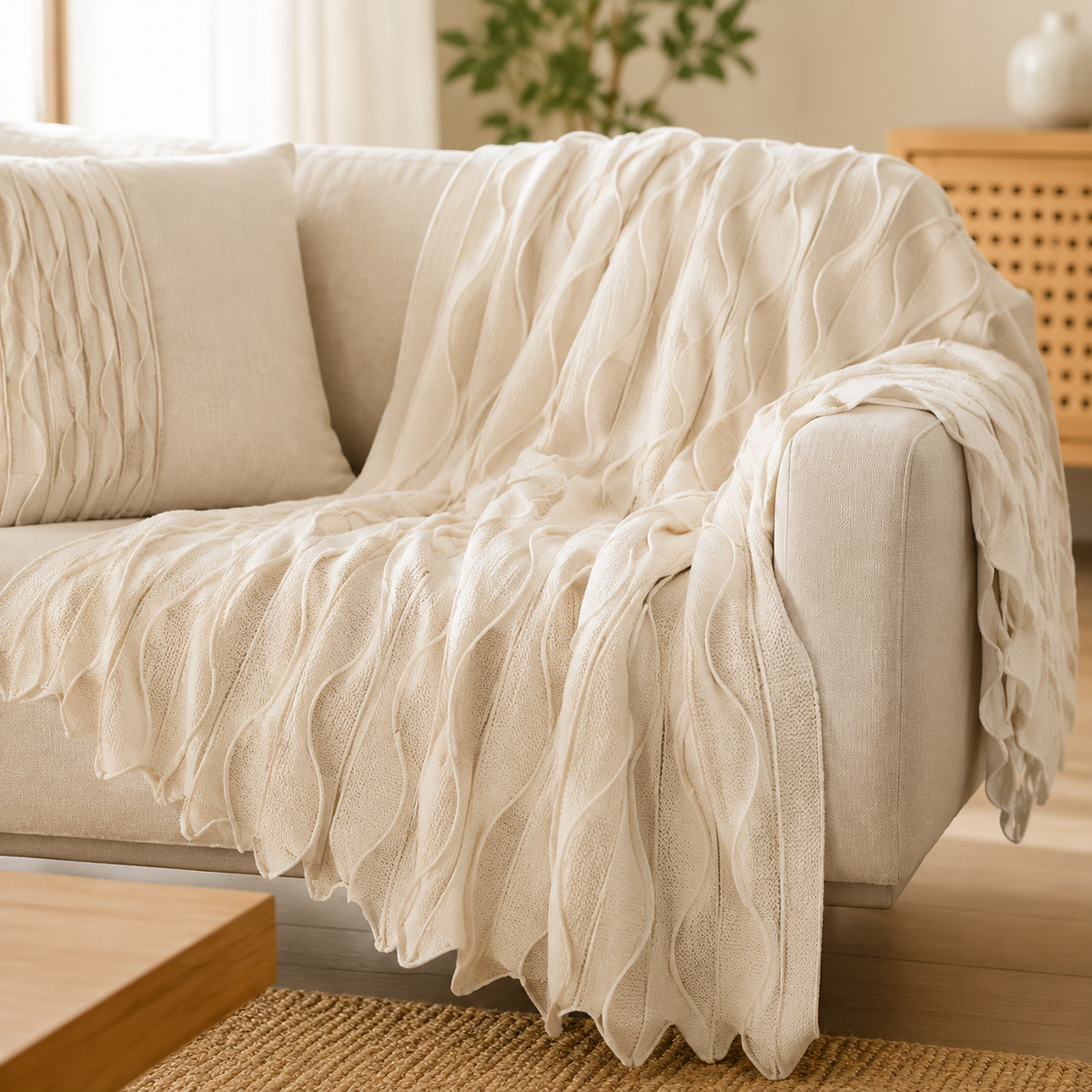 Kavorli™ CloudRipple Sculpted Knit Throw Blanket – Soft Textured Wave Design for Sofa, Bed & Everyday Lounging