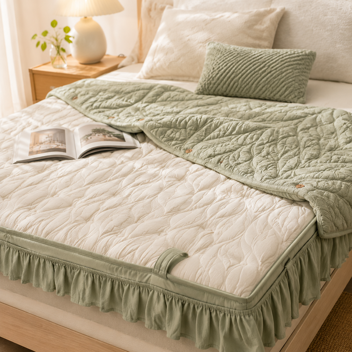 Kavorli™ MeadowRest Reversible Quilted Bed Comfort Layer – Sage Botanical Coverlet with Soft Ivory Cushion Top & Ruffled Edge