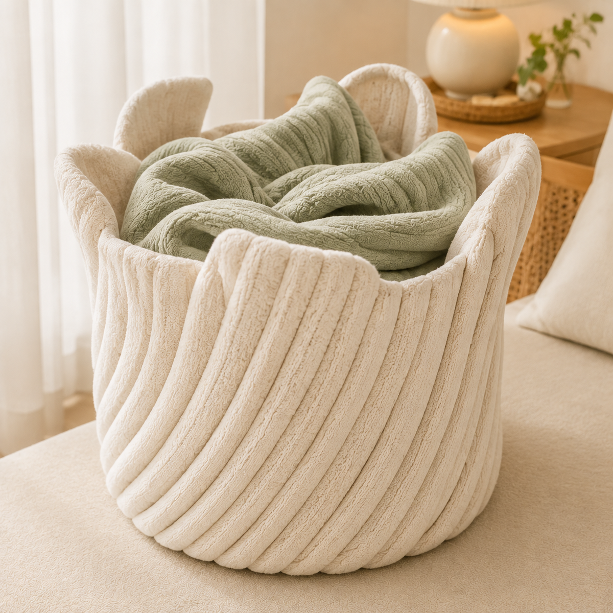 Kavorli™ NestWeave Sculptural Soft Storage Basket – Oversized Textured Blanket & Pillow Organizer for Bedroom and Living Room
