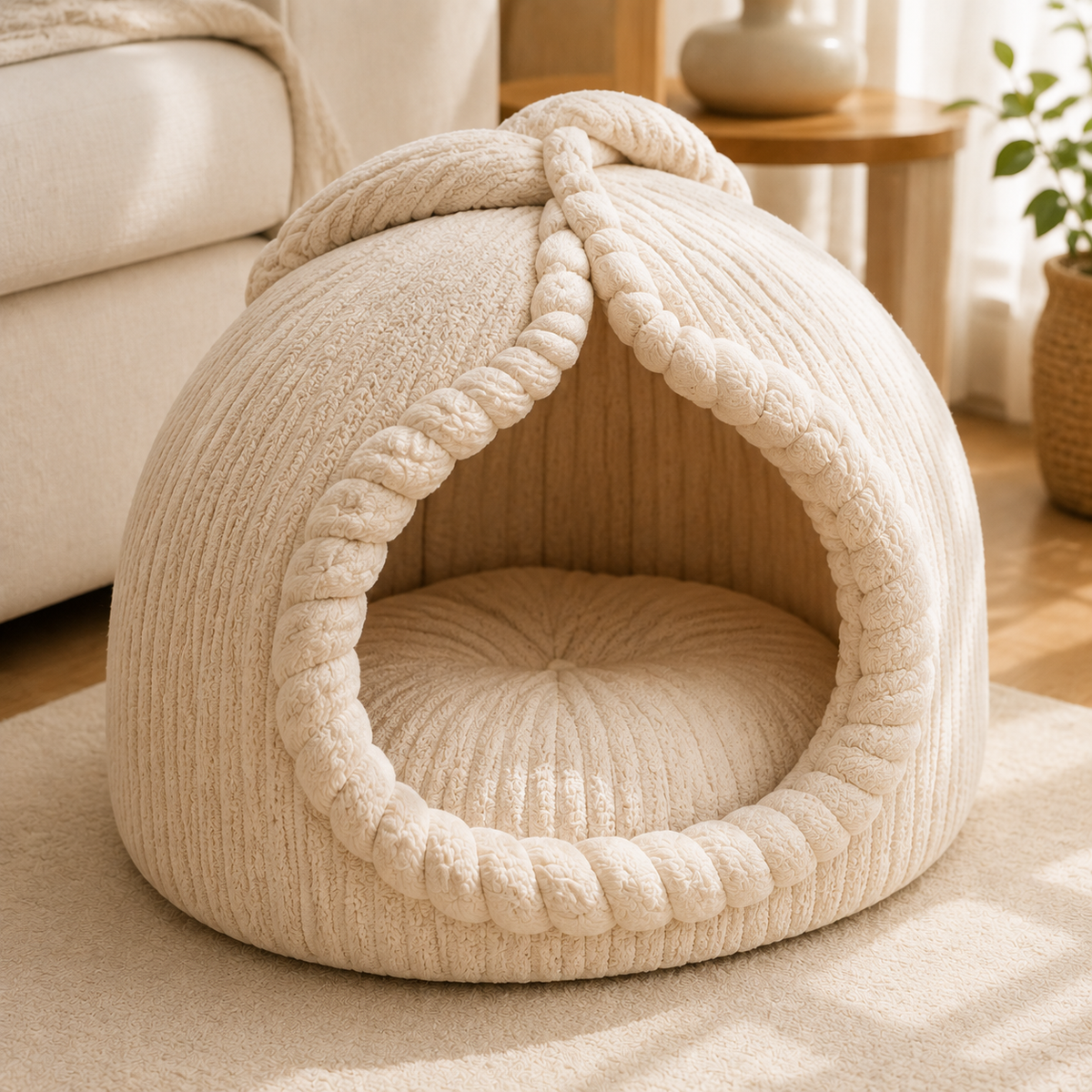 Kavorli™ Nestora Sculpted Cocoon Lounge Pod – Plush Hooded Floor Seat with Braided Entry & Deep Cushion