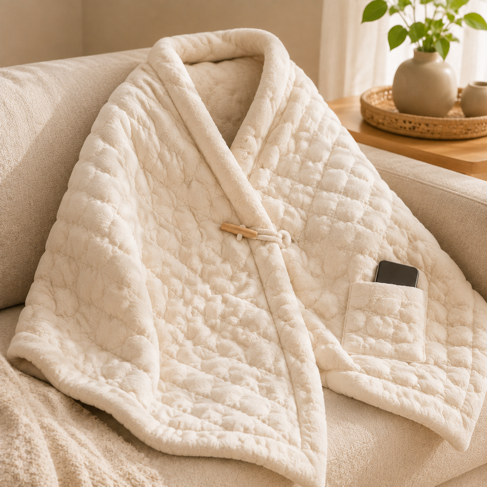 Kavorli™ CloudWrap Wearable Lounge Blanket – Plush Quilted Wrap with Shoulder Collar, Front Closure & Utility Pocket