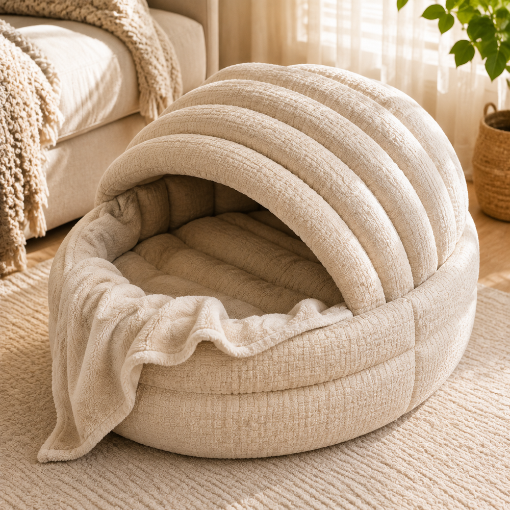 Kavorli™ NestArc Convertible Cozy Lounge – Sculpted Padded Floor Nest with Adjustable Canopy & Cushioned Resting Base