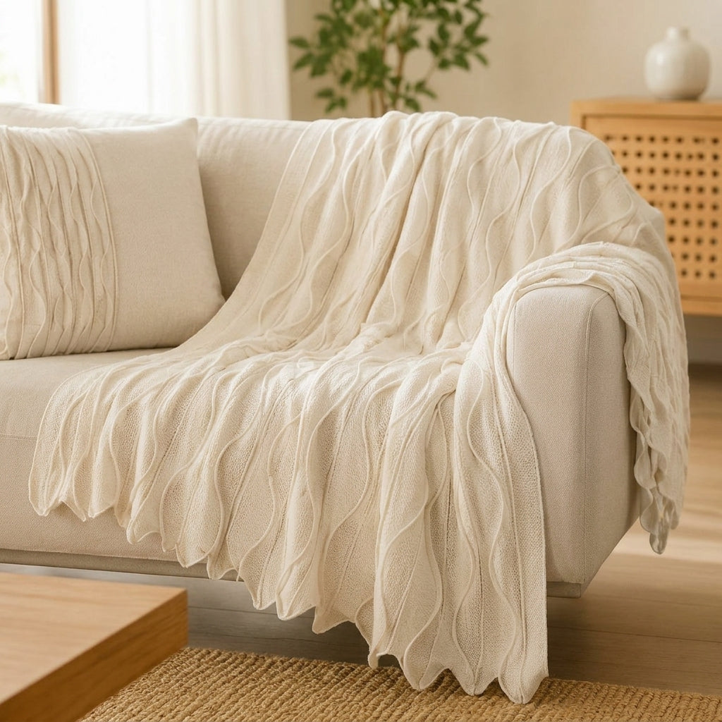 Kavorli™ CloudRipple Sculpted Knit Throw Blanket – Soft Textured Wave Design for Sofa, Bed & Everyday Lounging