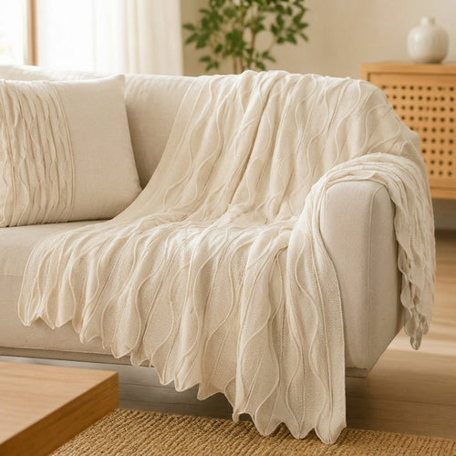 Kavorli™ CloudRipple Sculpted Knit Throw Blanket – Soft Textured Wave Design for Sofa, Bed & Everyday Lounging