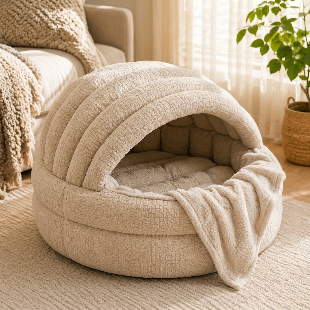 Kavorli™ NestArc Convertible Cozy Lounge – Sculpted Padded Floor Nest with Adjustable Canopy & Cushioned Resting Base