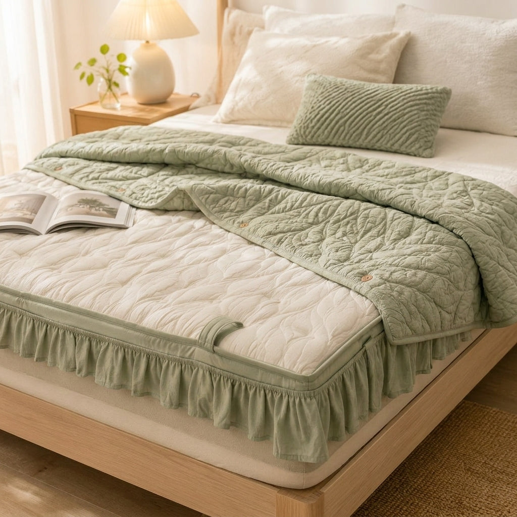 Kavorli™ MeadowRest Reversible Quilted Bed Comfort Layer – Sage Botanical Coverlet with Soft Ivory Cushion Top & Ruffled Edge