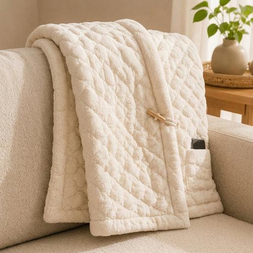 Kavorli™ CloudWrap Wearable Lounge Blanket – Plush Quilted Wrap with Shoulder Collar, Front Closure & Utility Pocket