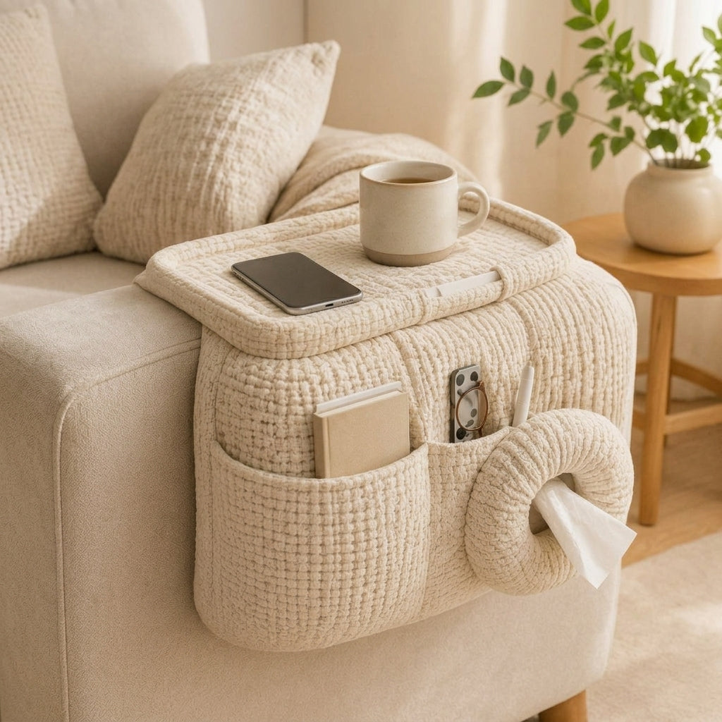 Kavorli™ HavenCaddy Sofa-Side Organizer – Textured Armrest Storage Caddy with Serving Tray, Multi-Pockets & Tissue Holder