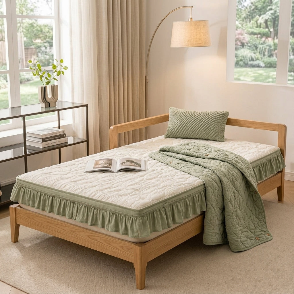 Kavorli™ MeadowRest Reversible Quilted Bed Comfort Layer – Sage Botanical Coverlet with Soft Ivory Cushion Top & Ruffled Edge