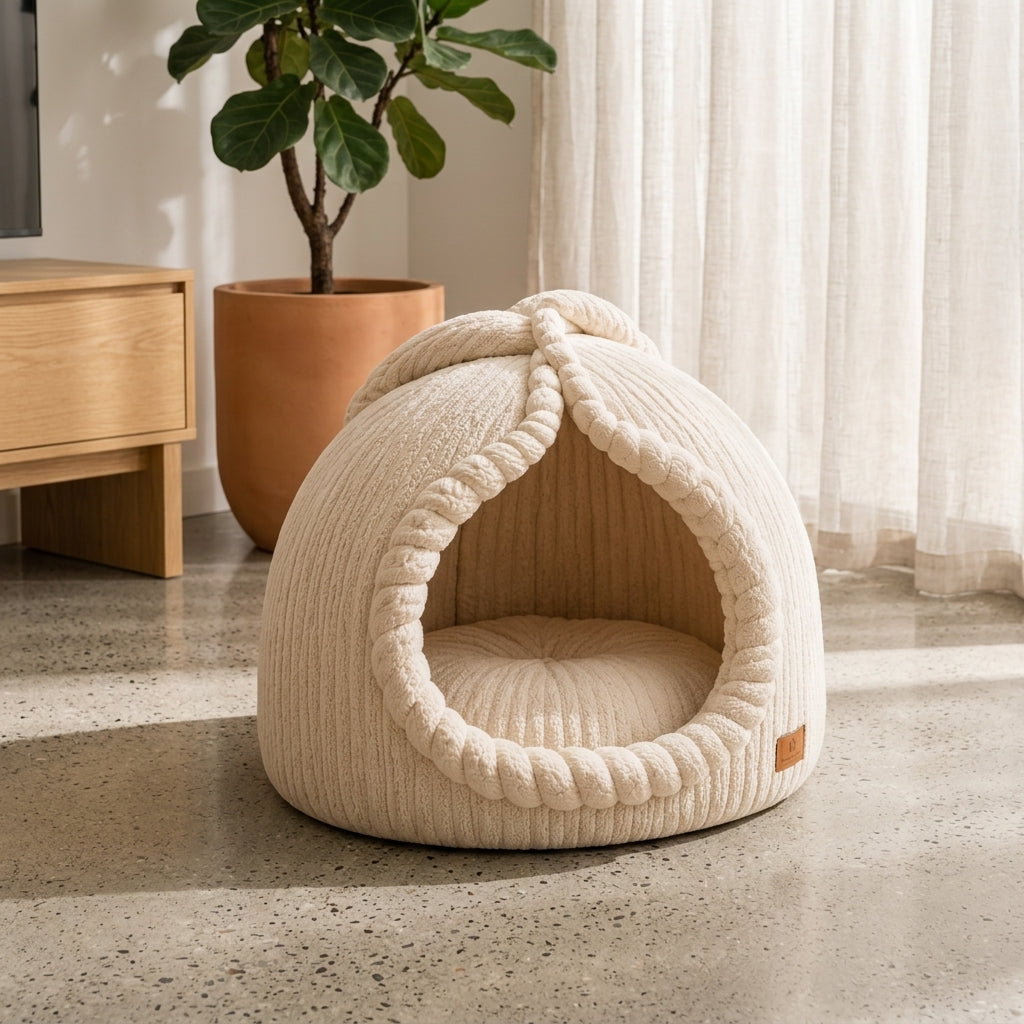 Kavorli™ Nestora Sculpted Cocoon Lounge Pod – Plush Hooded Floor Seat with Braided Entry & Deep Cushion