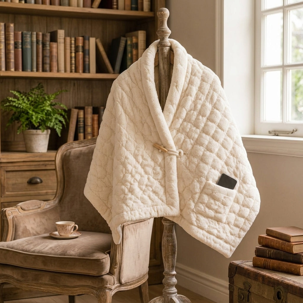 Kavorli™ CloudWrap Wearable Lounge Blanket – Plush Quilted Wrap with Shoulder Collar, Front Closure & Utility Pocket